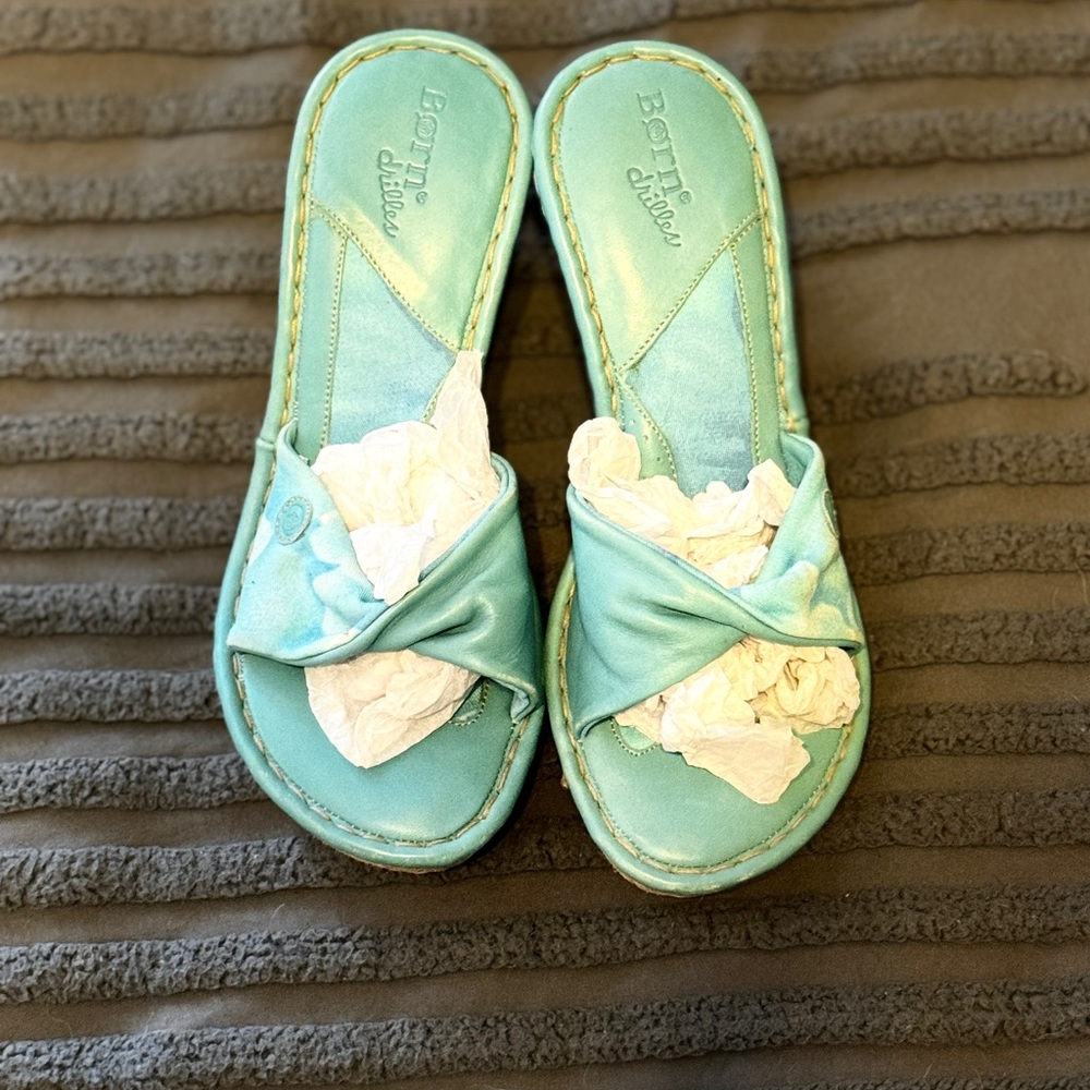 Born Turquoise Leather Slide Sandals